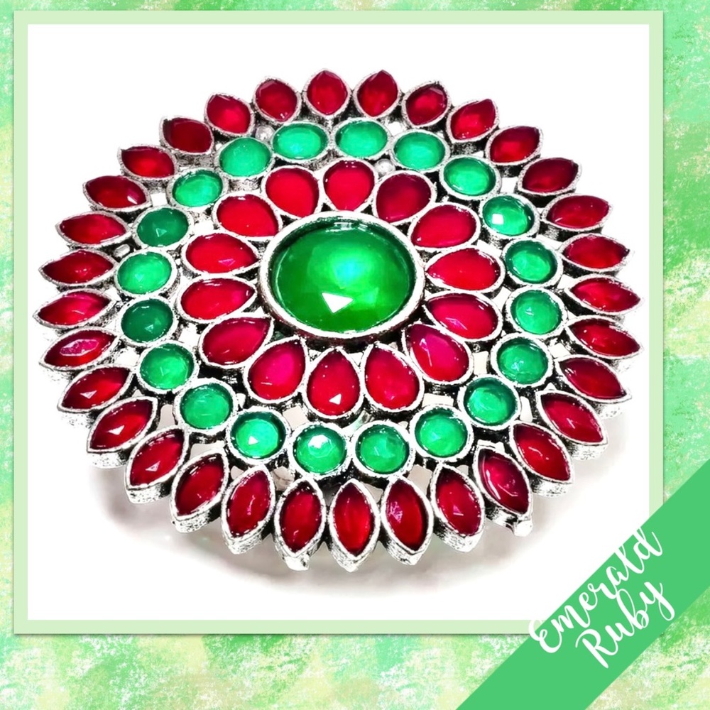 Large Emerald & Ruby Bollywood Style Cluster Ring… - image 2